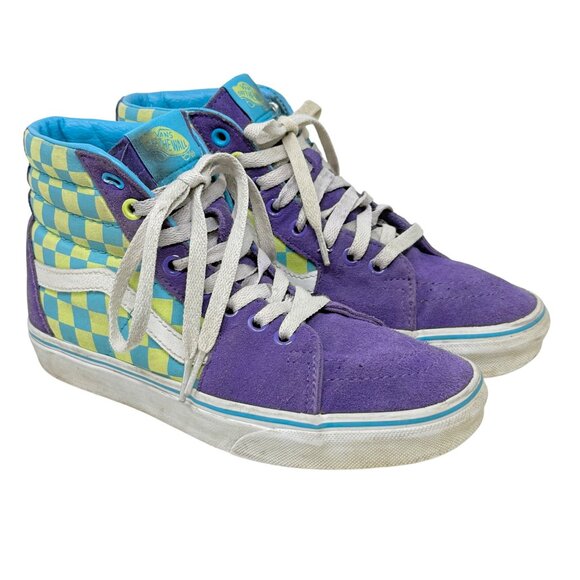 Vans Sk8-Hi Purple Blue & Yellow Checkerboard Sneakers Size 5 Mens / 6.5 Womens - Picture 2 of 13